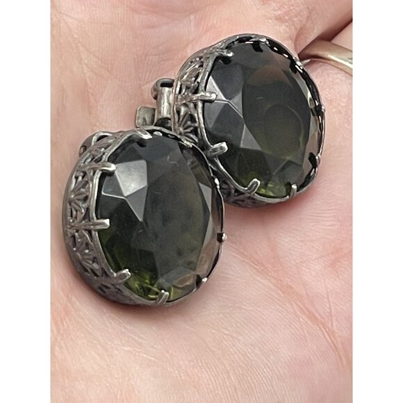 Vintage Made in Austria Dark Green Headlight Silver-tone Clip on Earrings HTF - Picture 15 of 16